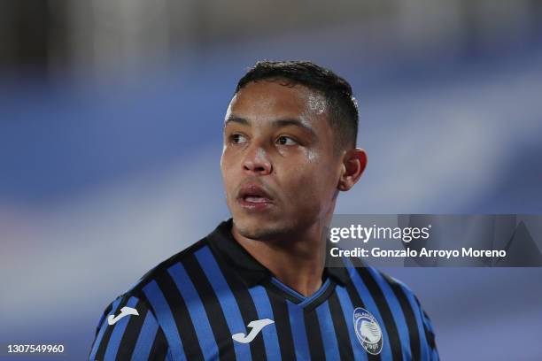 Luis Muriel of Atalanta BC in action during the UEFA Champions League Round of 16 match between Real Madrid and Atalanta at Alfredo Di Stefano...