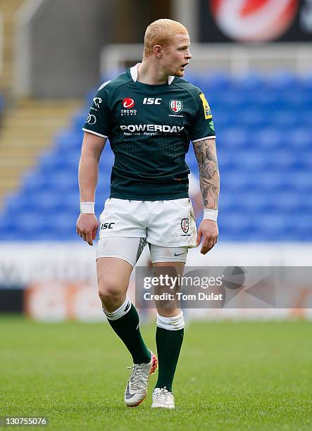 Tom Homer of London Irish looks on during the AVIVA Premiership match between London Irish and Bath at Madejski Stadium on October 29, 2011 in...