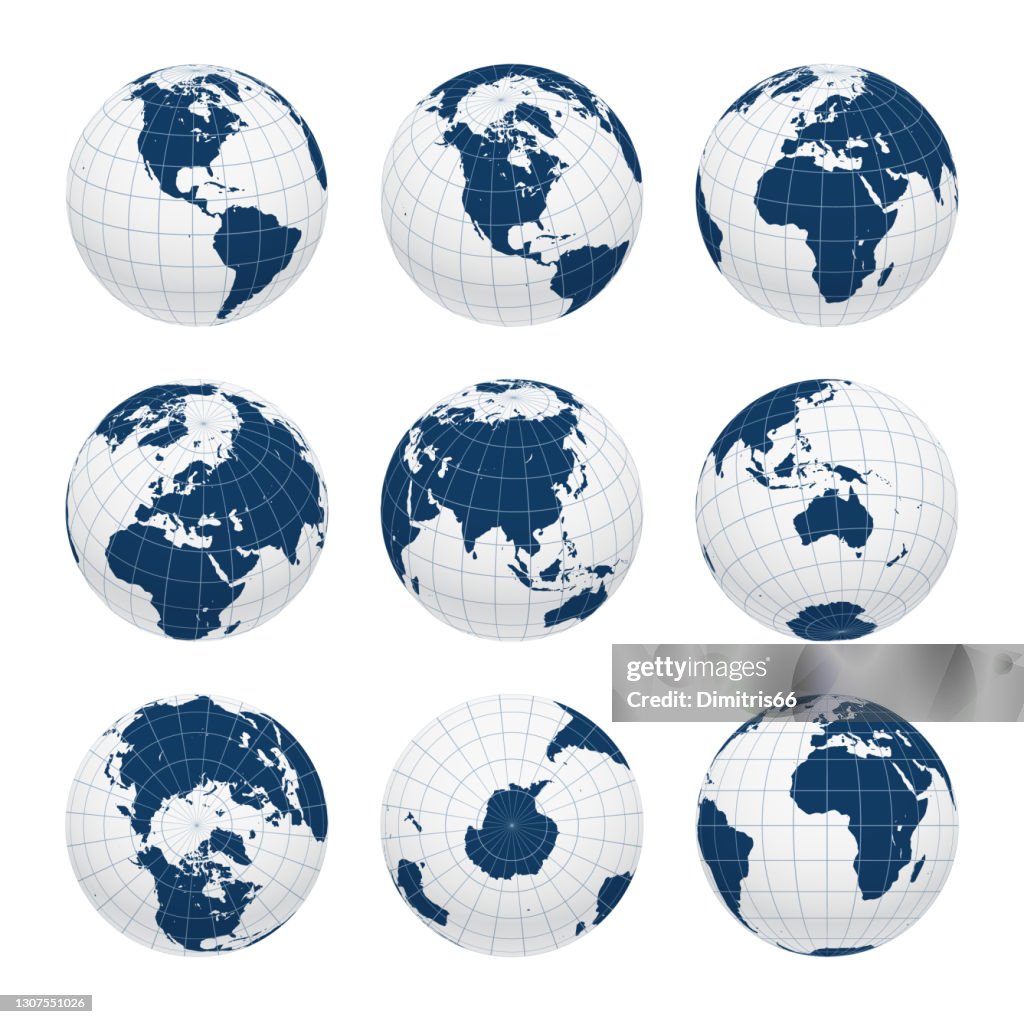 Earth globe set from variant views with meridians and parallels. 3D vector illustration
