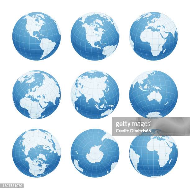 illustrazioni stock, clip art, cartoni animati e icone di tendenza di globo terrestre impostato da viste varianti con meridiani e paralleli. illustrazione vettoriale 3d - longitude