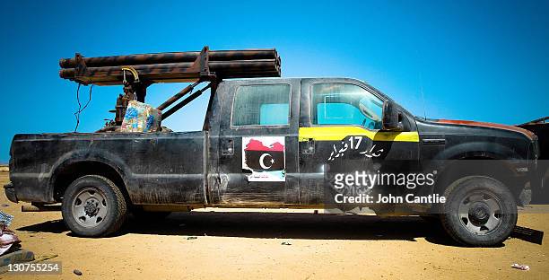 Ford F250 long wheelbase truck stands fitted with four Grad rocket launchers on September 6, 2011 in Misrata, Libya. Fighting in Libya has ceased...