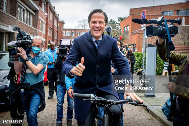 Prime Minister and VVD leader Mark Rutte is seen casting his vote at a polling station on March 17, 2021 in The Hague, Netherlands during the 2021...
