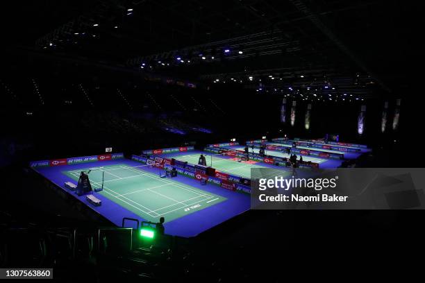 General view inside the arena as all five courts are seen ahead of day one of YONEX All England Open Badminton Championships at Utilita Arena...