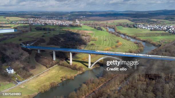 railway bridge over lahn river - aerial view - high speed train germany stock pictures, royalty-free photos & images