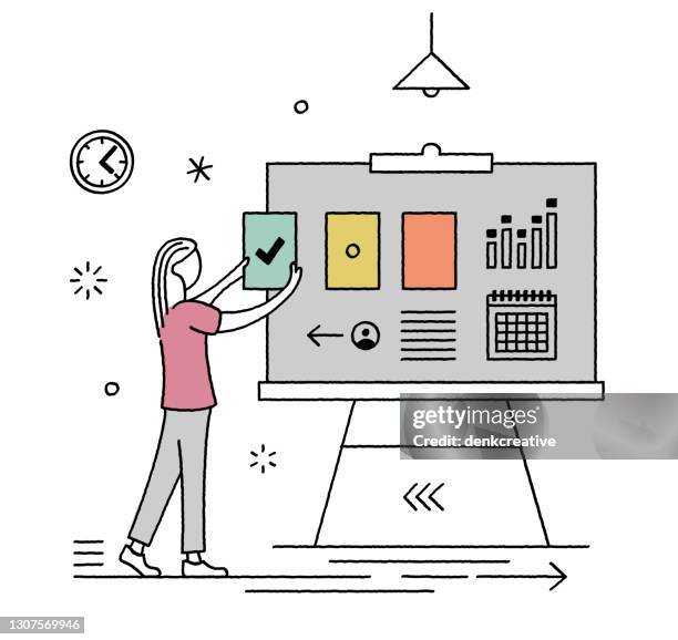 crayon style line user interface design character illustration - story telling in the workplace stock illustrations