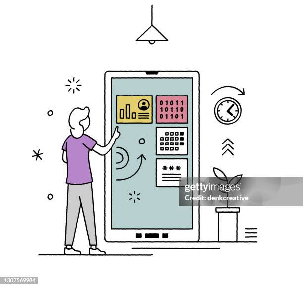 crayon style line interactive communication character illustration - control room stock illustrations