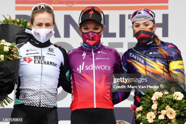 Podium / Grace Brown of Australia and Team BikeExchange, Amy Pieters of Netherlands and Team SD Worx & Lisa Klein of Germany and Team Canyon SRAM...