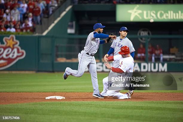 World Series: St. Louis Cardinals Matt Holliday in action, slide into second base vs Texas Rangers Elvis Andrus at Busch Stadium. Game 6. St. Louis,...