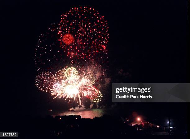 Fireworks light the Malibu sky after Brad Pitt and Jennifer Annistons wedding July 29, 2000 in Malibu, CA. The compound where the couple where...