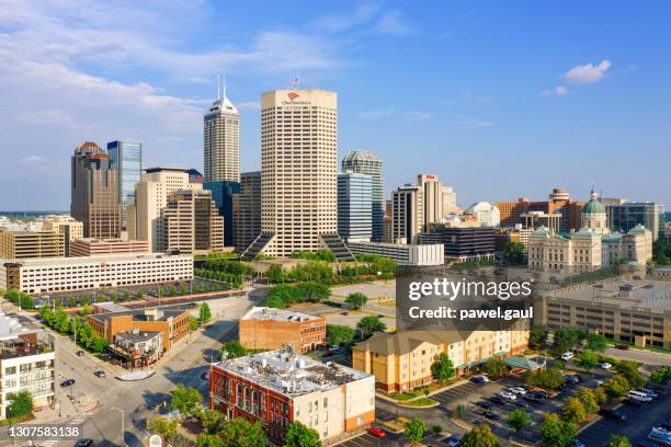 indianapolis downtown during sunset aerial view usa - indianapolis city stock pictures, royalty-free photos & images