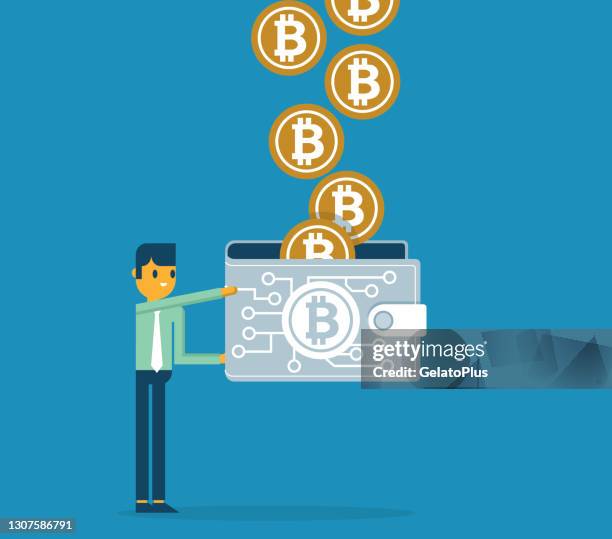 stockillustraties, clipart, cartoons en iconen met bitcoin wallet - zakenman - digitale portemonnee