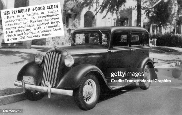 Picture postcard advertises a used 1933 Plymouth Four-door Sedan, 1930s or 1940s.