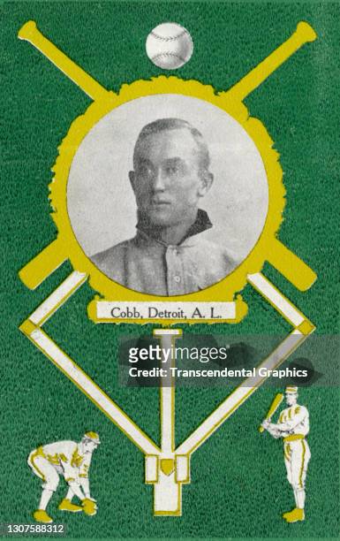 Postcard features baseball player Ty Cobb as well as several baseball themed illustrations, 1908.