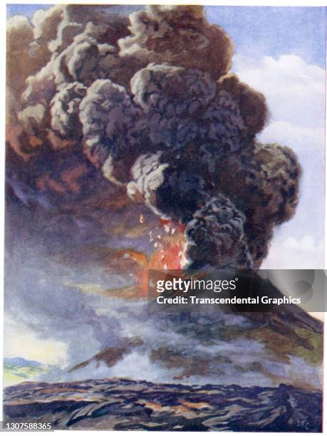 Illustration depicts the eruption of Mount Vesuvius, Campania, Italy, 79 CE. The illustration appeared in a holiday gift book entitled 'Boys Own...