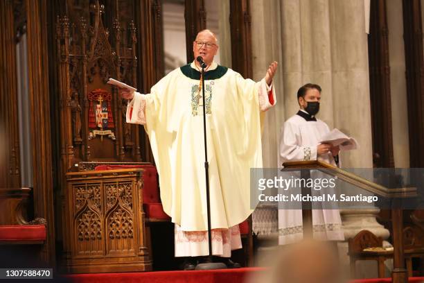 Cardinal Timothy Dolan, Archbishop of New York, holds St. Patrick's Day Mass at St. Patrick's Cathedral in Manhattan on March 17, 2021 in New York...