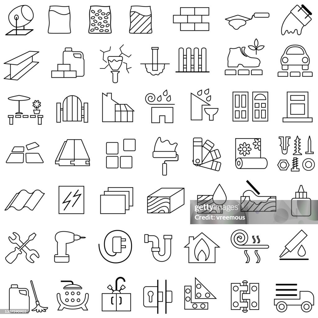 Gebäude-, Bau- und Renovierungsmaterialien umreißen Icons