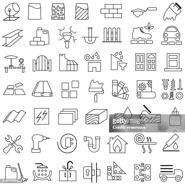 building, construction and renovation materials outline icons - painted brick house stock illustrations