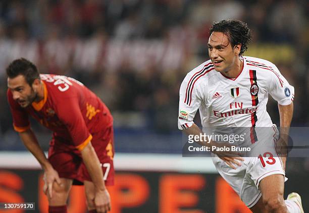 Alessandro Nesta of AC Milan celebrates after scoring a goal during the Serie A match between AS Roma and AC Milan at Stadio Olimpico on October 29,...
