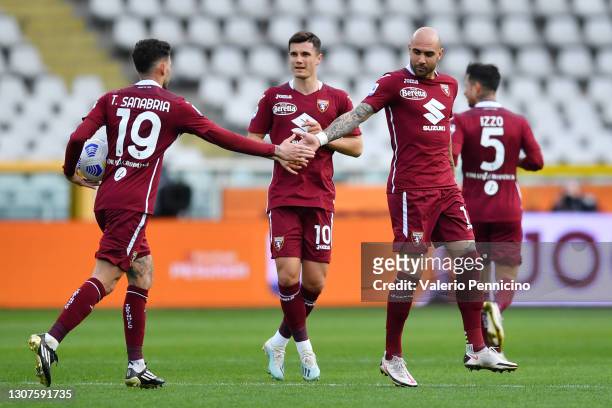 Simone Zaza of Torino F.C. Celebrates with Antonio Sanabria after scoring his sides first goal during the Serie A match between Torino FC and US...