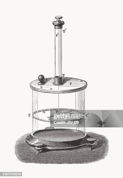 rotary balance from coulomb (1784), wood engraving, published in 1893 - measuring-glass-drawing stock illustrations