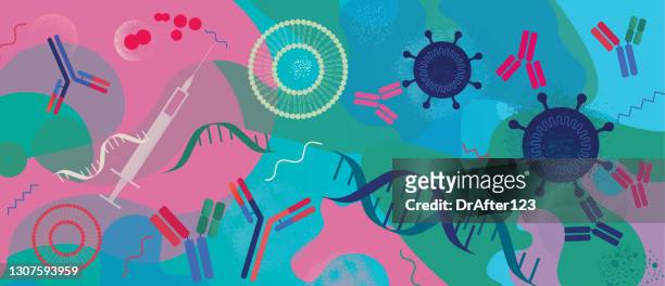 illustrazioni stock, clip art, cartoni animati e icone di tendenza di sviluppo del concetto di vaccini mrna - scienza
