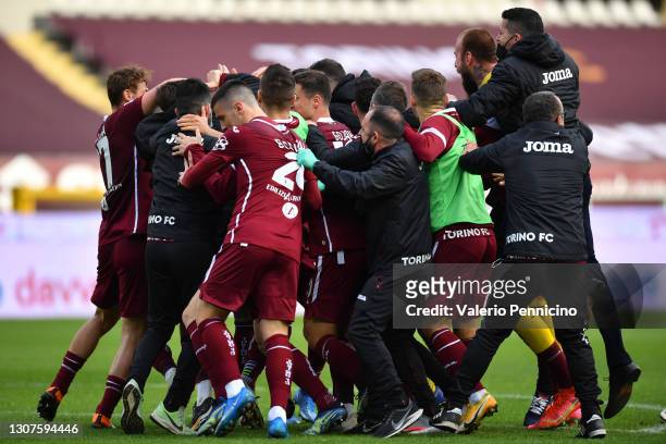 Simone Zaza of Torino F.C. Celebrates with team mates after scoring his sides third goal during the Serie A match between Torino FC and US Sassuolo...