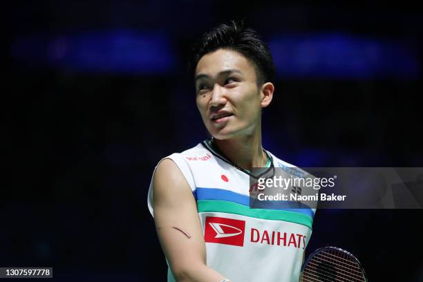 Kento Momota of Japan looks on during day one of YONEX All England Open Badminton Championships at Utilita Arena Birmingham on March 17, 2021 in...
