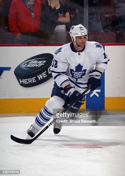 Mike Brown of the Toronto Maple Leafs skates against the Philadelphia Flyers at the Wells Fargo Center on October 24, 2011 in Philadelphia,...