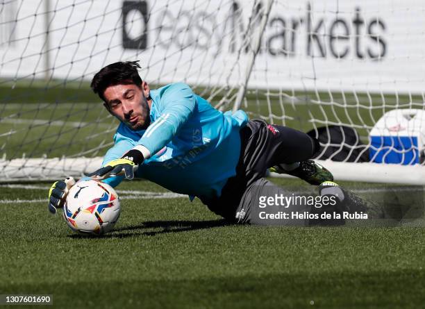 Diego Altube of Real Madrid CF in action at Valdebebas training ground on March 17, 2021 in Madrid, Spain.