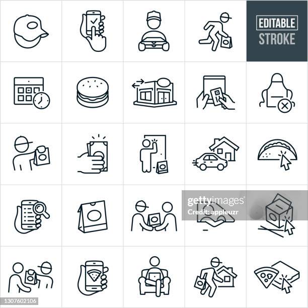 stockillustraties, clipart, cartoons en iconen met thin line-pictogrammen voor levering verwijderen - bewerkbare lijn - data driven