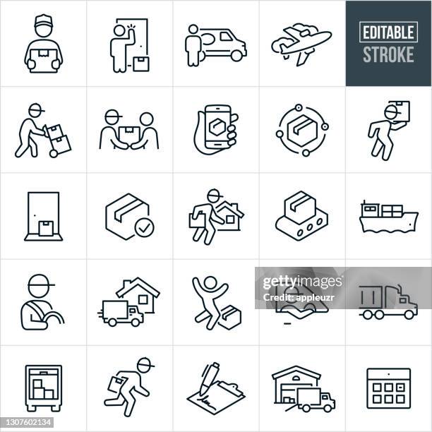 package shipping and delivery thin line icons - editable stroke - delivery person stock illustrations