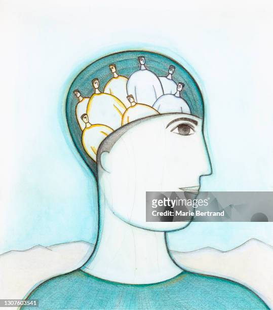 man profile with people in brain. illustration. - bleek gezicht stockfoto's en -beelden