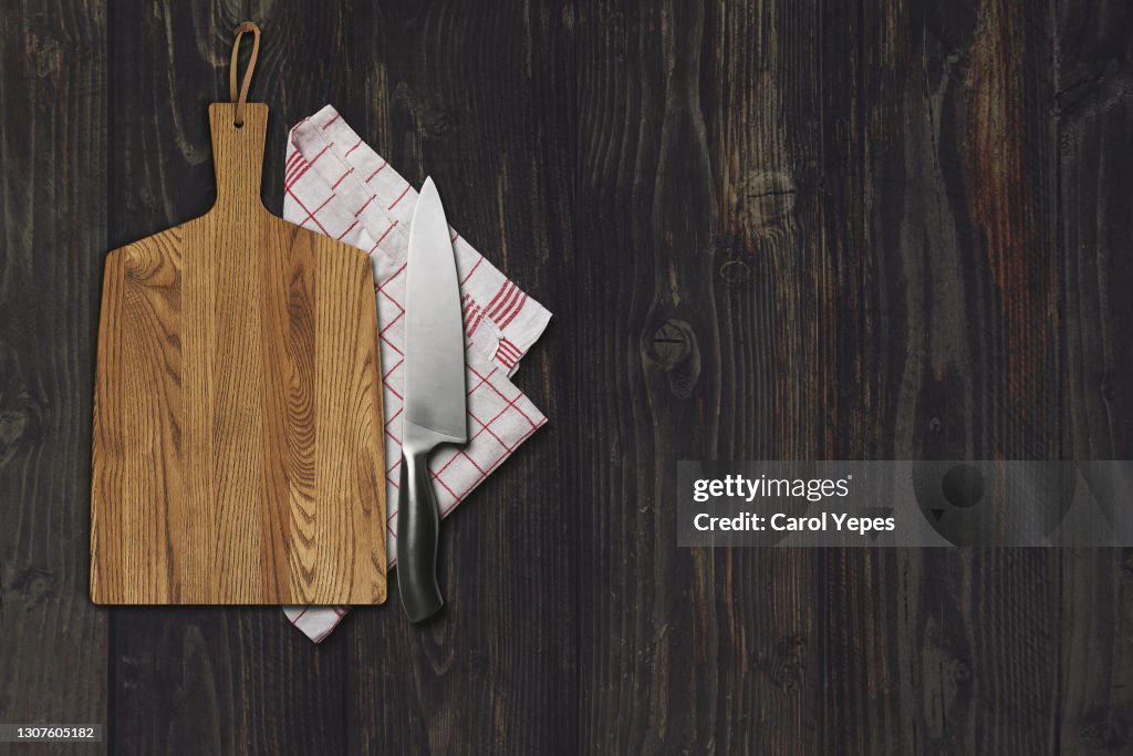 Cutting board and linen napkin Copy space Top view