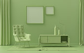 Double Frames Gallery Wall in light green color monochrome flat room with furnitures and plants, 3d Rendering