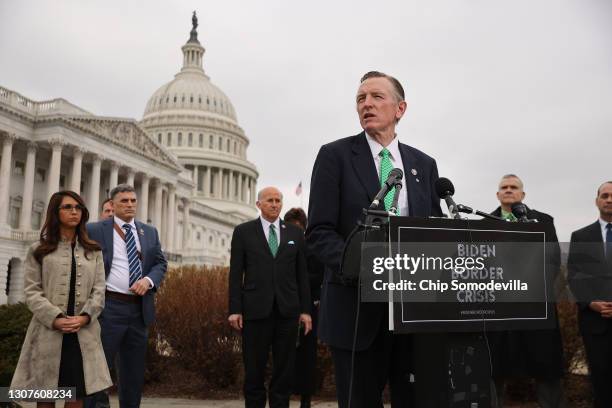 Rep. Paul Gosar speaks during a news conference with members of the House Freedom Caucus about immigration on the U.S.-Mexico border outside the U.S....