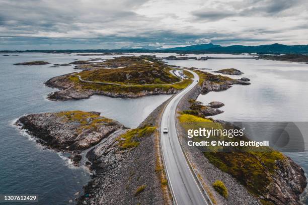 aerial view of the atlantic ocean road, norway - car road imagens e fotografias de stock