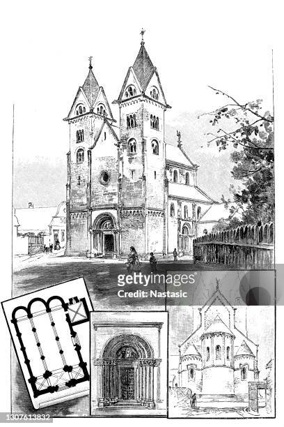 abbey church of st james ,the church of lebeny; portal and choir closure - traditionally hungarian stock illustrations