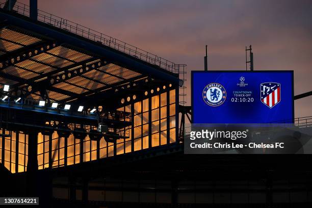 General view inside the stadium of the sunset and the big screen prior to the UEFA Champions League Round of 16 match between Chelsea FC and Atletico...