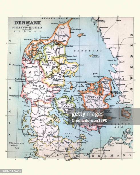 antique map of denmark, 1890s, 19th century - denmark map stock illustrations