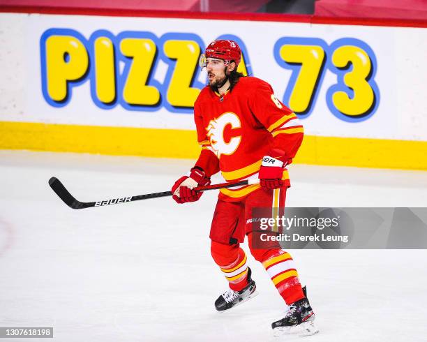 Christopher Tanev of the Calgary Flames in action against the Edmonton Oilers during an NHL game at Scotiabank Saddledome on March 15, 2021 in...