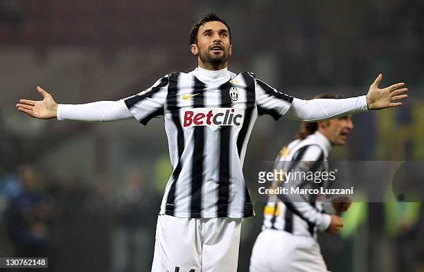 Mirko Vucinic of Juventus FC celebrates after scoring the opening goal during the Serie A match between FC Internazionale Milano and Juventus FC at...