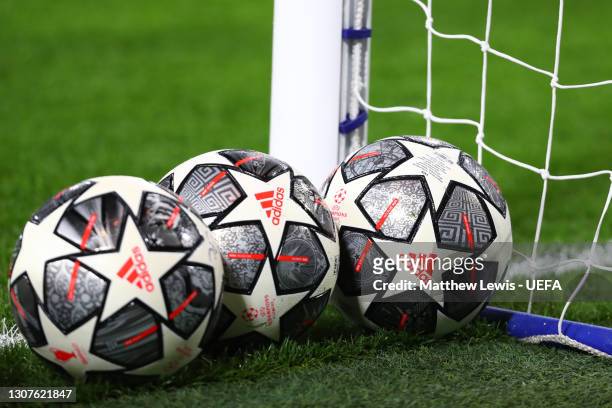 Adidas Finale Istanbul 21 match balls are seen prior to during the UEFA Champions League Round of 16 match between Chelsea FC and Atletico Madrid at...