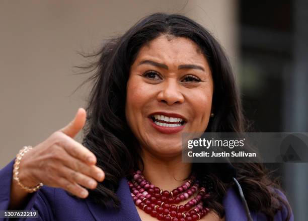 San Francisco Mayor London Breed speaks during a news conference outside of Zuckerberg San Francisco General Hospital with essential workers to mark...