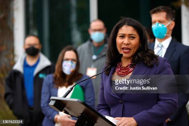 San Francisco Mayor London Breed speaks during a news conference outside of Zuckerberg San Francisco General Hospital with essential workers to mark...