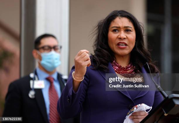 San Francisco Mayor London Breed speaks during a news conference outside of Zuckerberg San Francisco General Hospital with essential workers to mark...