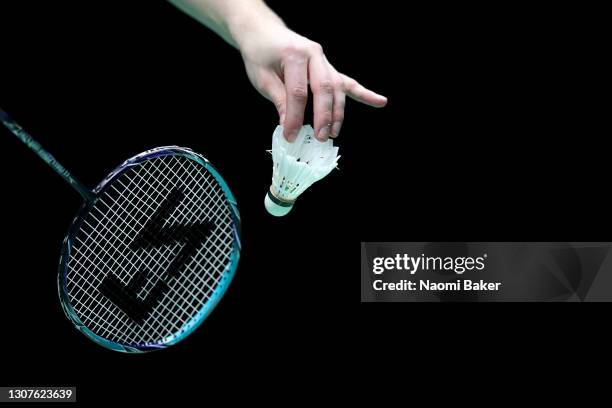 Detailed view of a shuttle cock and racket during day one of YONEX All England Open Badminton Championships at Utilita Arena Birmingham on March 17,...