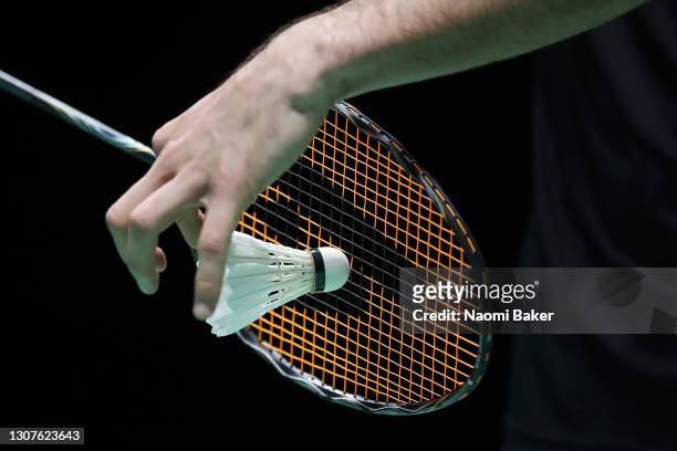 Detailed view of a shuttle cock and racket during day one of YONEX All England Open Badminton Championships at Utilita Arena Birmingham on March 17,...