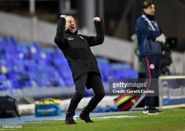 Lee Bowyer, Manager of Birmingham City celebrates their first goal scored by Lukas Jutkiewicz during the Sky Bet Championship match between...