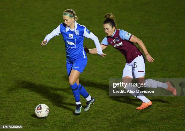 Ruesha Littlejohn of Birmingham City and Laura Vetterlein of West Ham United battle for the ball during the Barclays FA Women's Super League match...