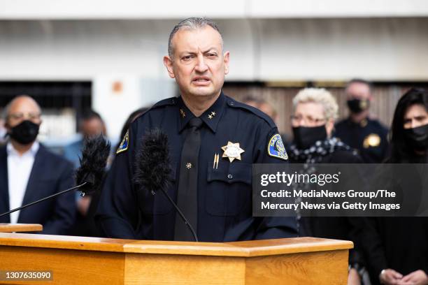 San Jose Police chief Anthony Mata speaks during a press conference outside of the San Jose Police department in San Jose, Calif., on Wednesday,...